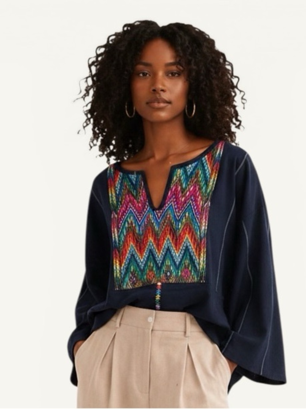 Boho Embroidered Tunic Top Mexican Folk Art Huipil Style Oversized L